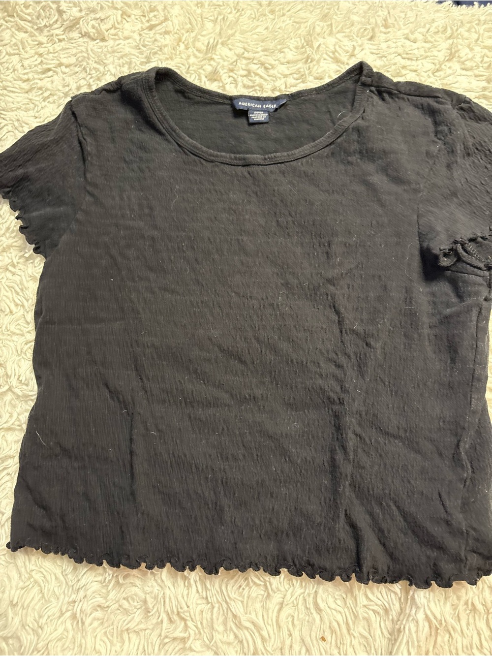 American Eagle Outfitters Black Ribbed Short Sleeve Tee with Lettuce Hem